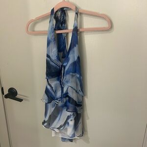 BCBGMaxAzria Silk Blue & White Halter Blouse Tie Top